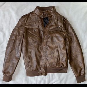 Hood Crew Men’s Casual Stand Collar PU Faux Leather Zip Up Jacket